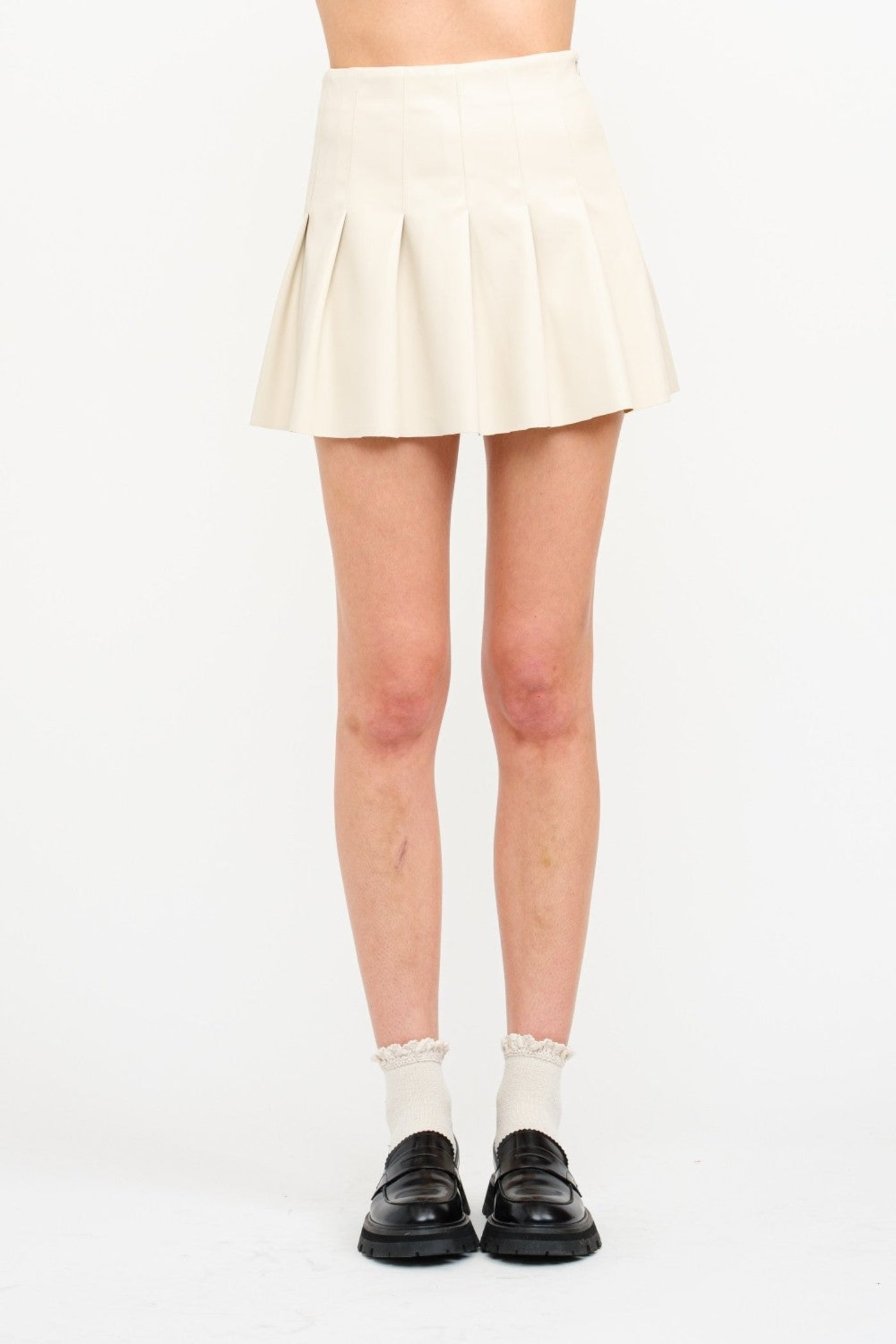 SOFIE THE LABEL ARIA IVORY VEGAN LEATHER MINI PLEATED SKIRT