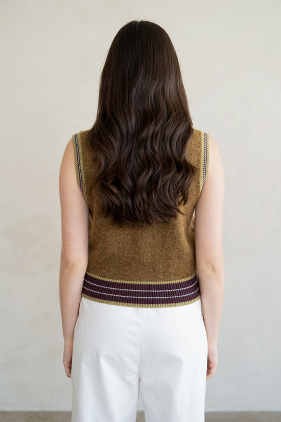 ELLE GREY OLIVE RIB STRIPED DETAIL CREW NECK SWEATER VEST