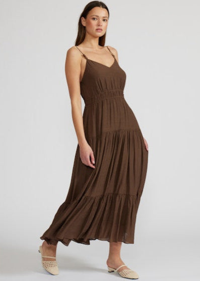 ELIANA TIERED MIDI DRESS – A BREEZY BROWN DRESS WITH BEADED STRAPS AND A FLOATY TIERED SILHOUETTE