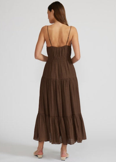ELIANA TIERED MIDI DRESS – A BREEZY BROWN DRESS WITH BEADED STRAPS AND A FLOATY TIERED SILHOUETTE