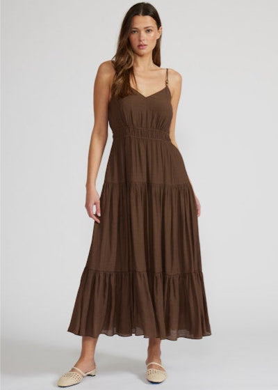 LUCY PARIS ELIANA TIERED MIDI DRESS – A BREEZY BROWN DRESS WITH BEADED STRAPS AND A FLOATY TIERED SILHOUETTE