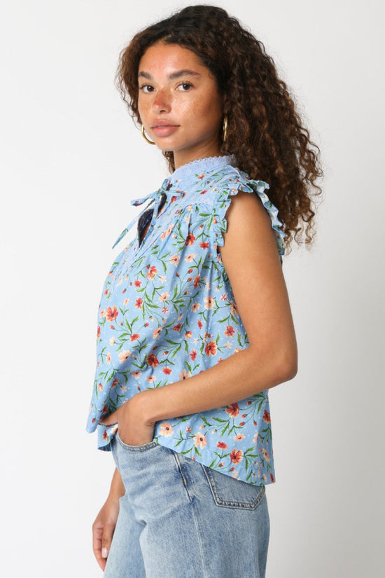 OLIVACEOUS AYLEN FLORAL SHIRT – FEMININE TIE-FRONT BLOUSE WITH RUFFLED HEM