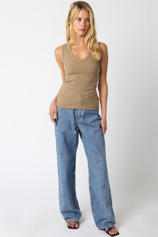OLIVACEOUS KELSEY TANK TOP – CLASSIC ROUND NECK SLEEVELESS STYLE TAUPE COLOR