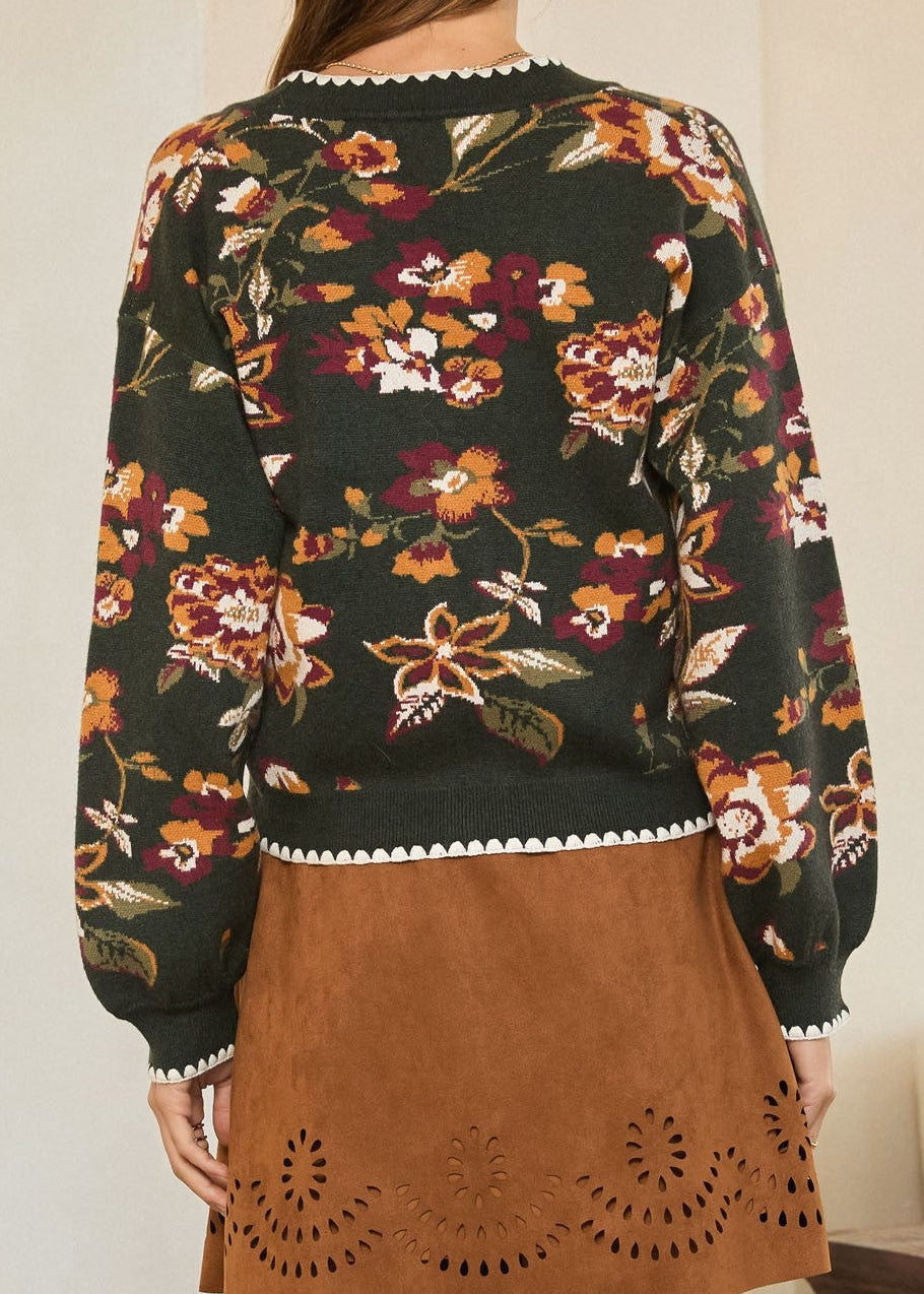 GREEN FLORAL JACQUARD LONG SLEEVE CARDIGAN