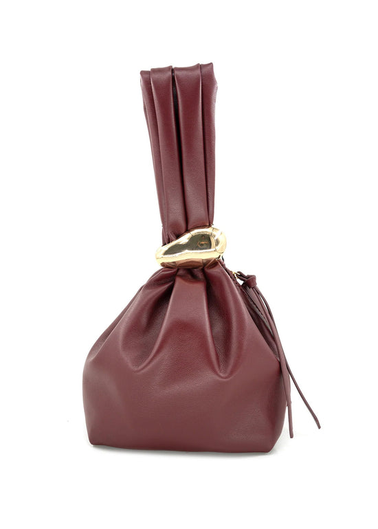 Maroon leather drawstring bag with a gold clasp on a white background