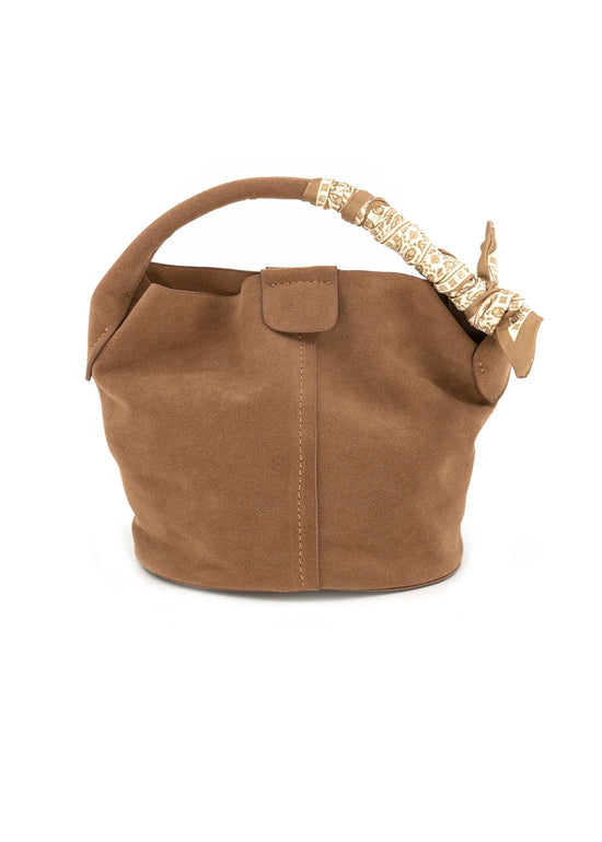 BC FAUX SUEDE BUCKET BAG WITH SCARF DETAIL – BLACK & TAN