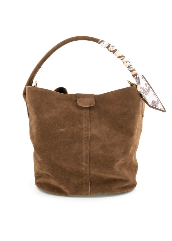 BC HANDBAG FAUX SUEDE BUCKET BAG WITH SCARF DETAIL