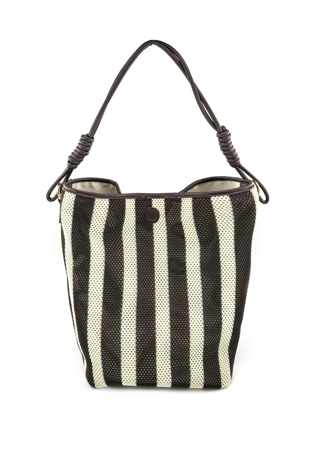 BROWN VERTICAL STRIPED REVERSIBLE CANVAS SHOULDER BAG