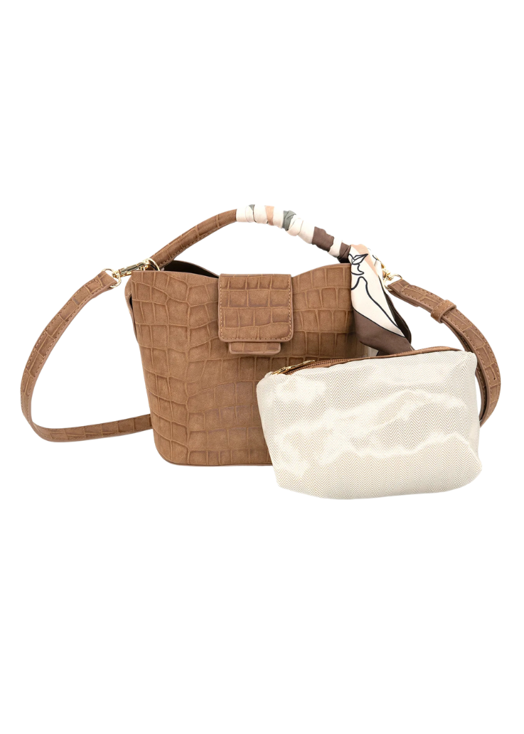 BROWN CROC SCARF BUCKET BAG