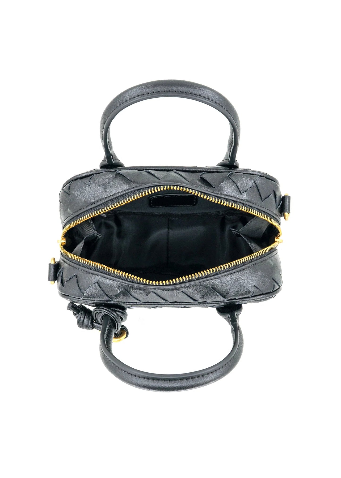 Black quilted handbag with gold zipper on a white background