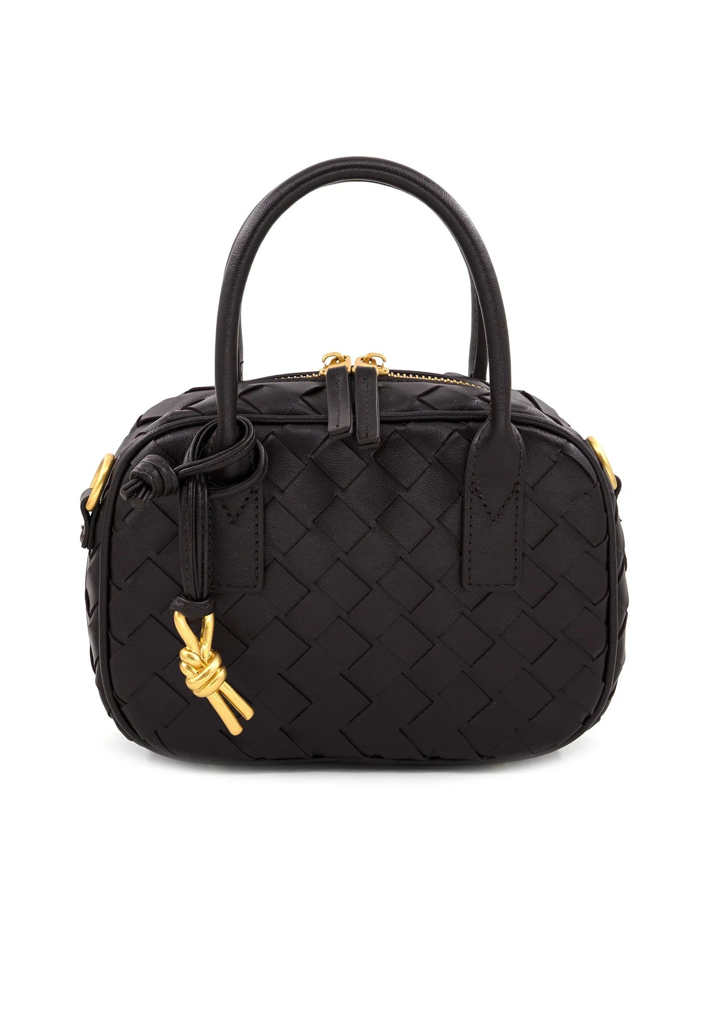 brown woven handbag with gold accents on a white background