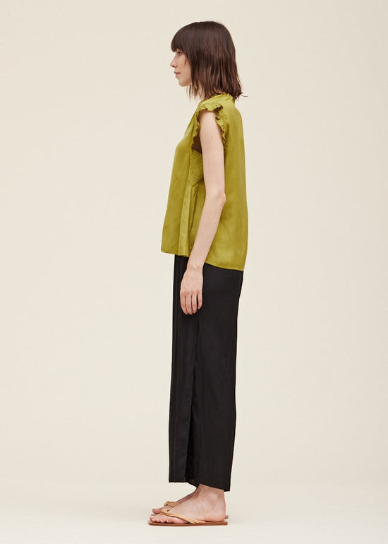 GRADE & GATHER THE RUFFLE SLEEVE SATIN BLOUSE – ELEVATED STYLE WITH A FLIRTY V-NECK AND SOFT DRAPE OLIVE MARTINI GREEN COLOR
