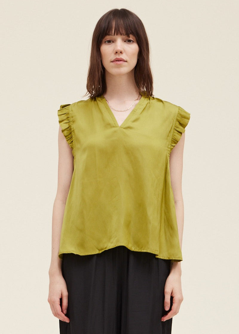 GRADE & GATHER THE RUFFLE SLEEVE SATIN BLOUSE – ELEVATED STYLE WITH A FLIRTY V-NECK AND SOFT DRAPE
