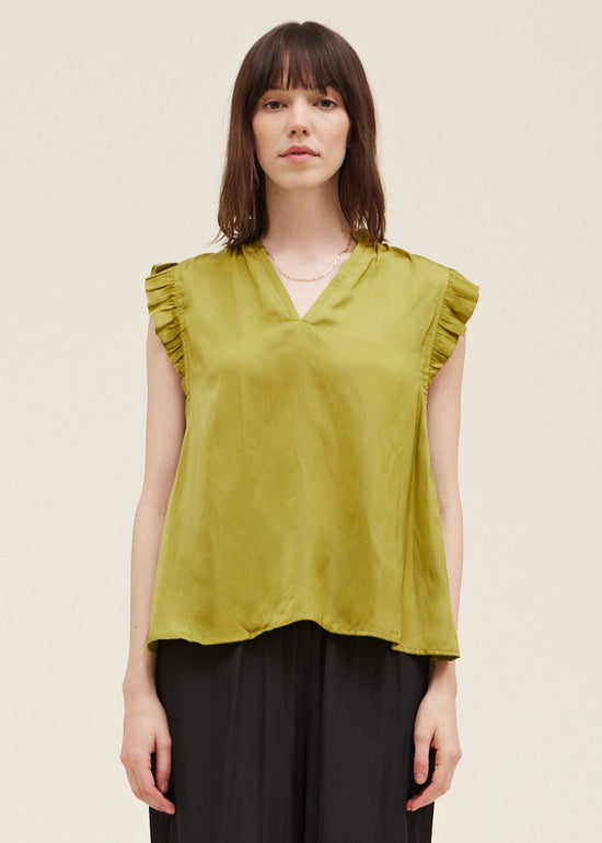 GRADE & GATHER THE RUFFLE SLEEVE SATIN BLOUSE – ELEVATED STYLE WITH A FLIRTY V-NECK AND SOFT DRAPE
