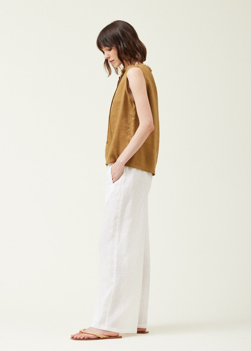 GRADE & GATHER THE SLEEVELESS LINEN TOP – A BREEZY V-NECK DESIGN WITH A CUSTOMIZABLE DRAWSTRING NECK OLIVE COLOR 