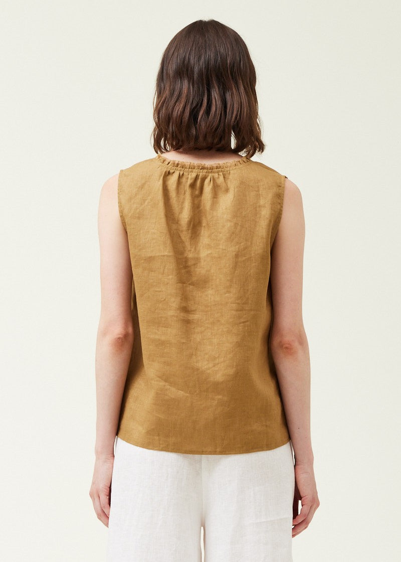 GRADE & GATHER THE SLEEVELESS LINEN TOP – A BREEZY V-NECK DESIGN WITH A CUSTOMIZABLE DRAWSTRING NECK OLIVE COLOR 