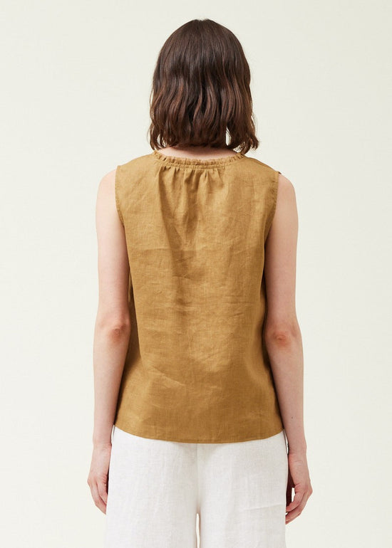 GRADE & GATHER THE SLEEVELESS LINEN TOP – A BREEZY V-NECK DESIGN WITH A CUSTOMIZABLE DRAWSTRING NECK OLIVE COLOR 