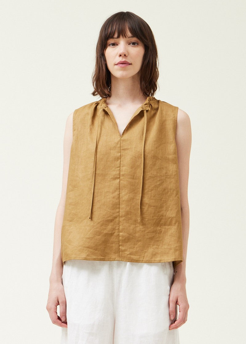 GRADE & GATHER THE SLEEVELESS LINEN TOP – A BREEZY V-NECK DESIGN WITH A CUSTOMIZABLE DRAWSTRING NECK OLIVE COLOR 