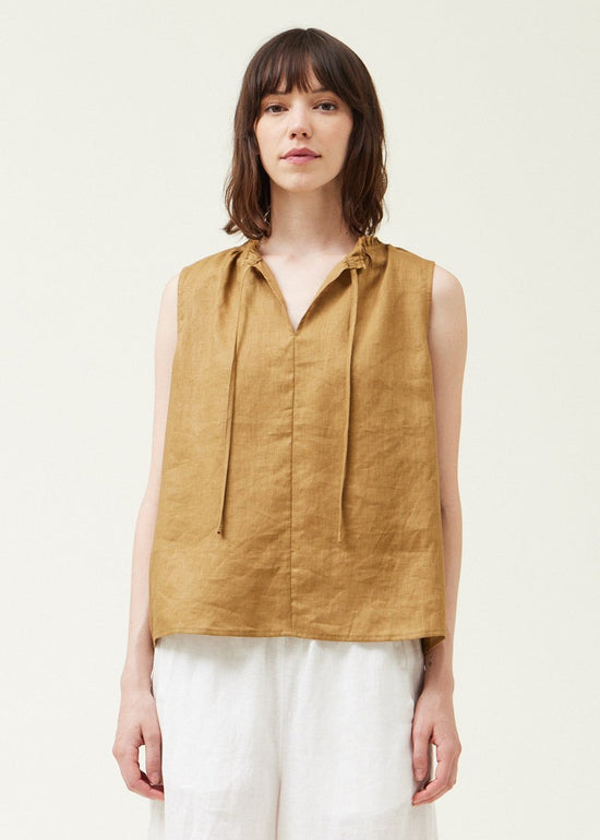 GRADE & GATHER THE SLEEVELESS LINEN TOP – A BREEZY V-NECK DESIGN WITH A CUSTOMIZABLE DRAWSTRING NECK OLIVE COLOR 