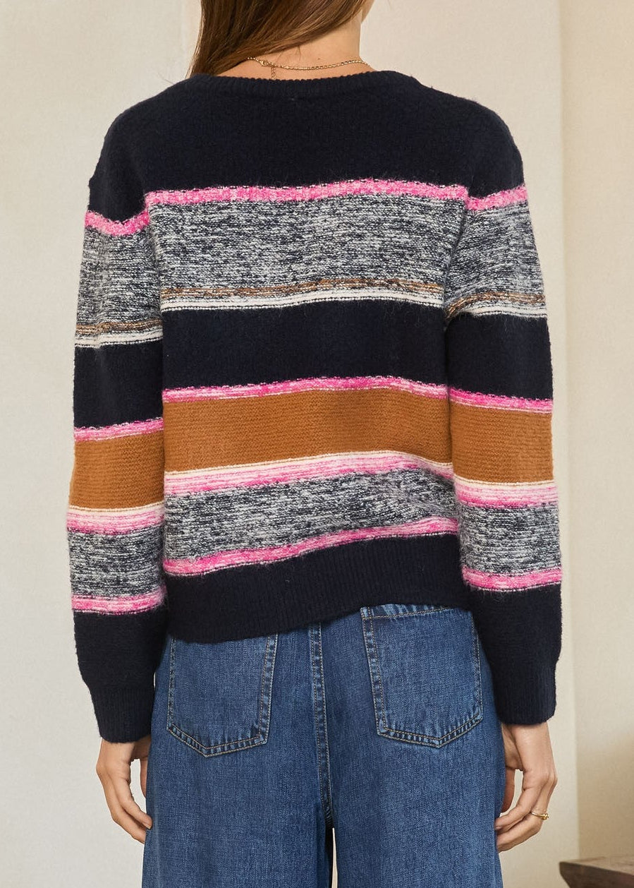 NAVY AND PINK LONG SLEEVE STRIPED SWEATER