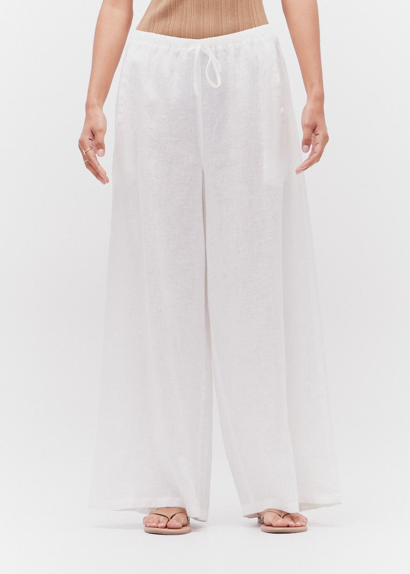 GRADE AND GATHER THE LONG LINE LINEN PANT – BREEZY SUMMER STYLE IN A RELAXED, WIDE-LEG FIT DRAWSTRING OFF WHITE PANTS