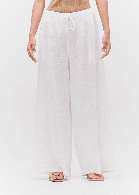 GRADE AND GATHER THE LONG LINE LINEN PANT – BREEZY SUMMER STYLE IN A RELAXED, WIDE-LEG FIT DRAWSTRING OFF WHITE PANTS
