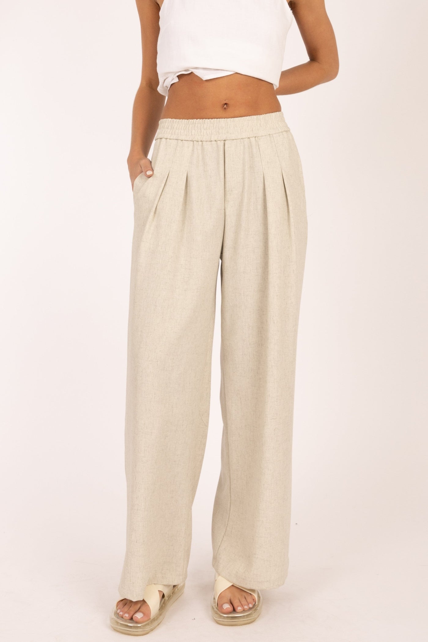 ELLE GREY ELASTIC BAND PLEATED WIDE-LEG PANTS
