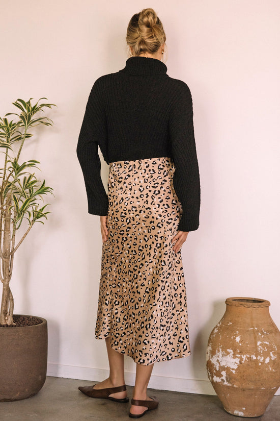  SKIES ARE BLUE LEOPARD SATIN MIDI SKIRT – A LEOPARD PRINT MIDI SKIRT WITH A SLIT AND COMFORTABLE PULL-ON STYLE