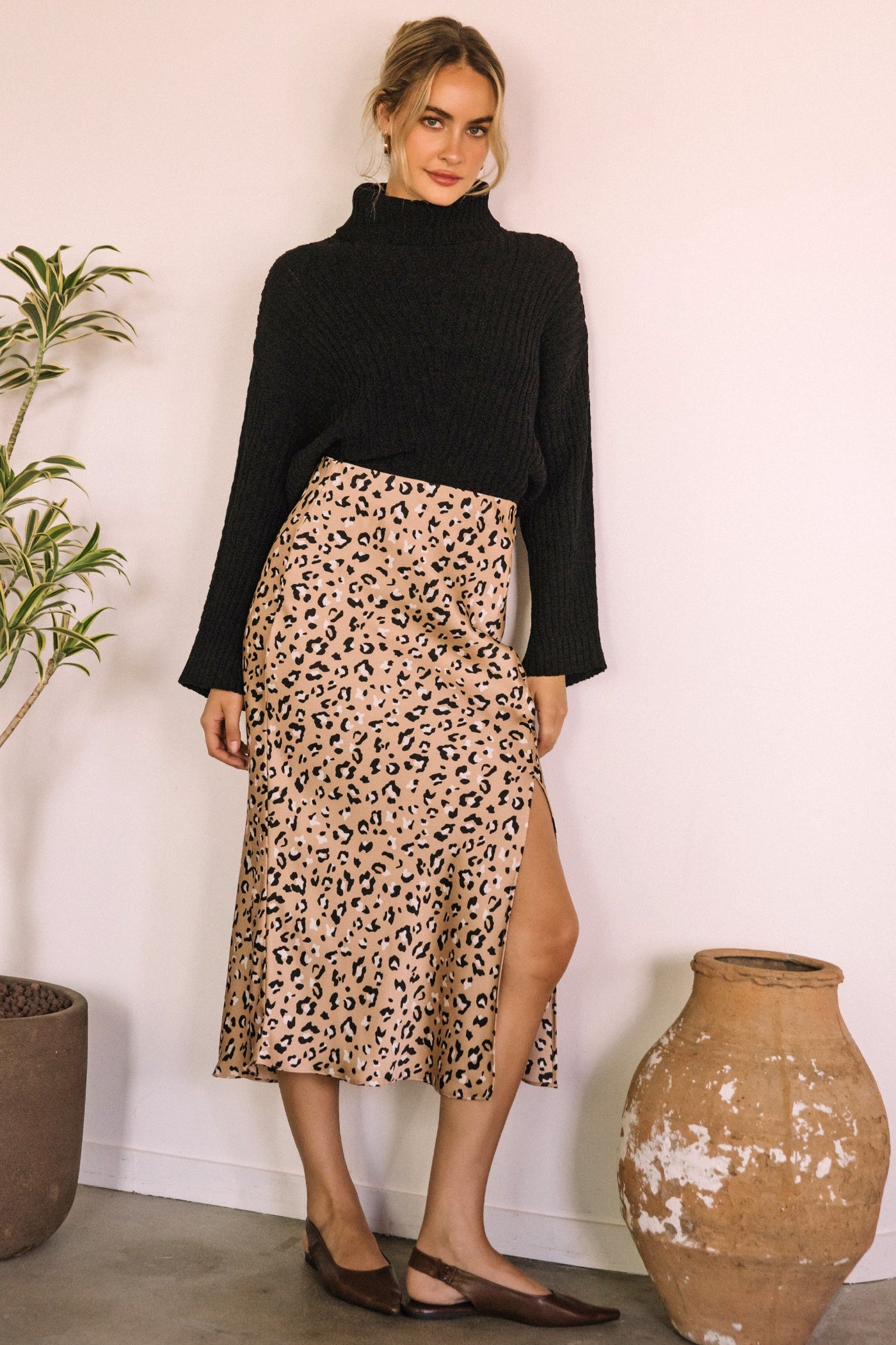 SKIES ARE BLUE LEOPARD SATIN MIDI SKIRT – A LEOPARD PRINT MIDI SKIRT WITH A SLIT AND COMFORTABLE PULL-ON STYLE