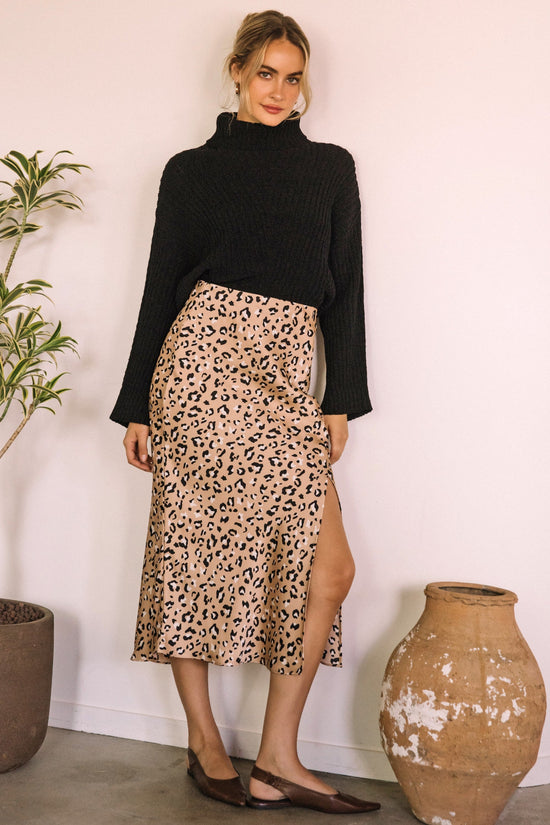 SKIES ARE BLUE LEOPARD SATIN MIDI SKIRT – A LEOPARD PRINT MIDI SKIRT WITH A SLIT AND COMFORTABLE PULL-ON STYLE