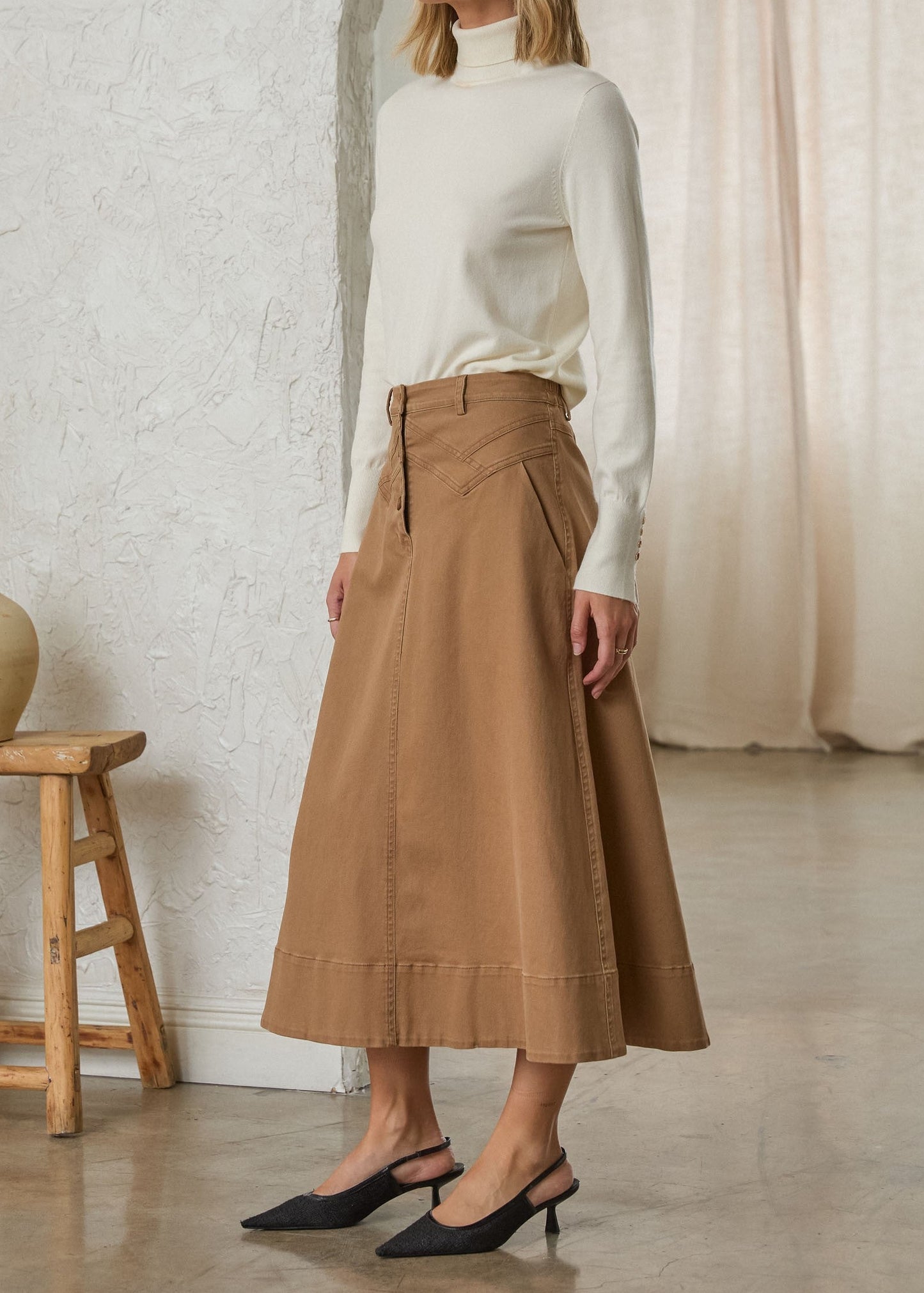 HIGH-WAISTED WESTERN BUTTON-FRONT MIDI SKIRT