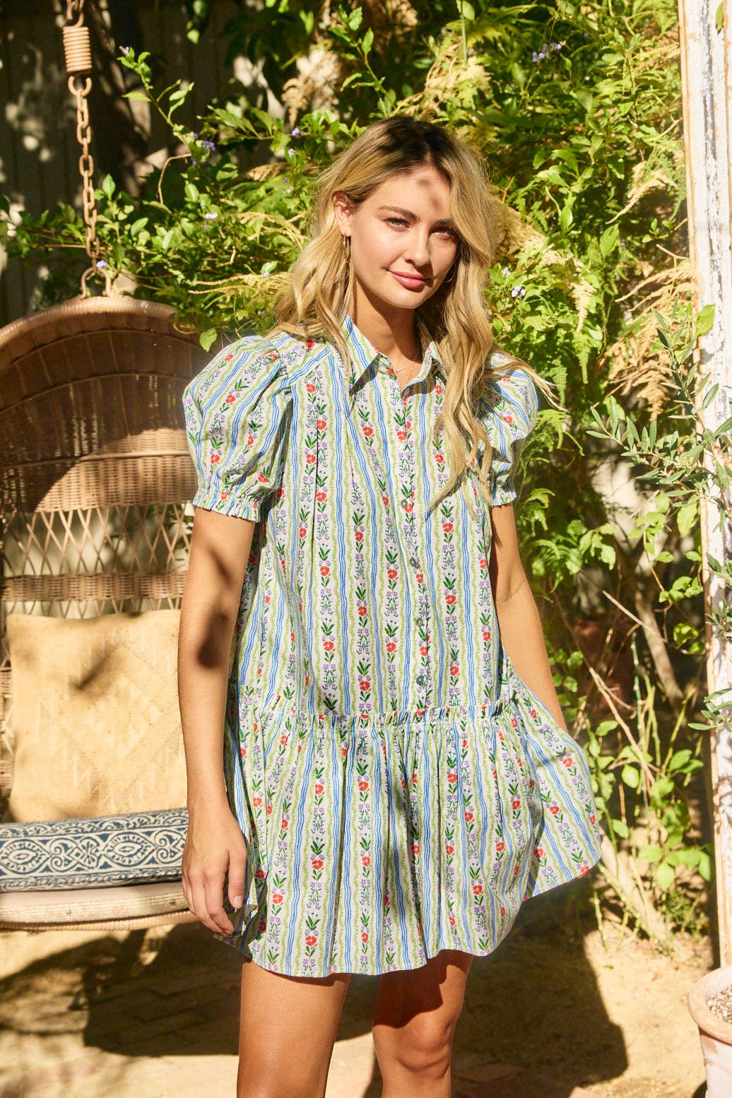 PINCH MINI FLORAL BUTTON UP DRESS – A COLLARED MINI WITH BALLOON SLEEVES AND FRILLY FINISHES