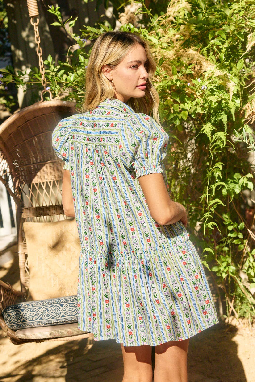 PINCH MINI FLORAL BUTTON UP DRESS – A COLLARED MINI WITH BALLOON SLEEVES AND FRILLY FINISHES