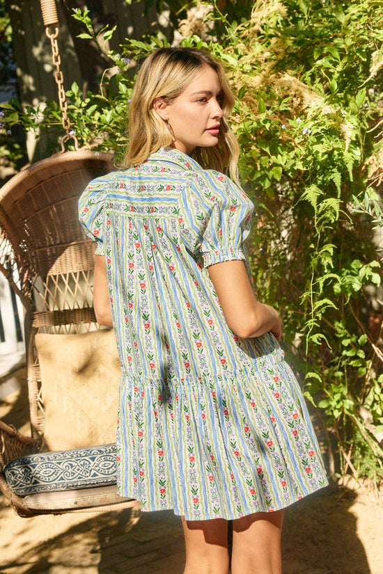 PINCH MINI FLORAL BUTTON UP DRESS – A COLLARED MINI WITH BALLOON SLEEVES AND FRILLY FINISHES
