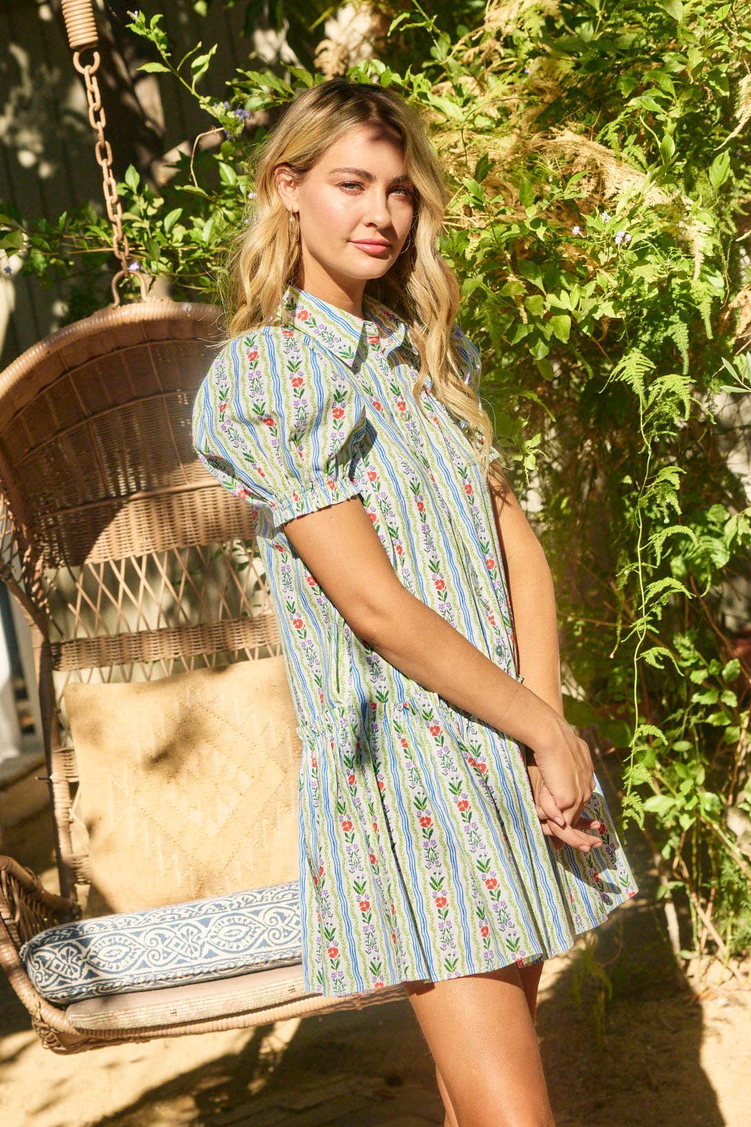 PINCH MINI FLORAL BUTTON UP DRESS – A COLLARED MINI WITH BALLOON SLEEVES AND FRILLY FINISHES