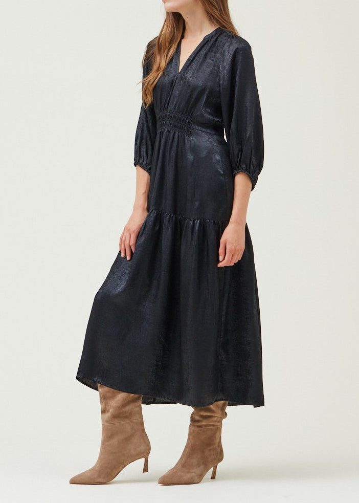 BLACK 3/4TH SLEEVE SATIN TIERED MIDI DRESS