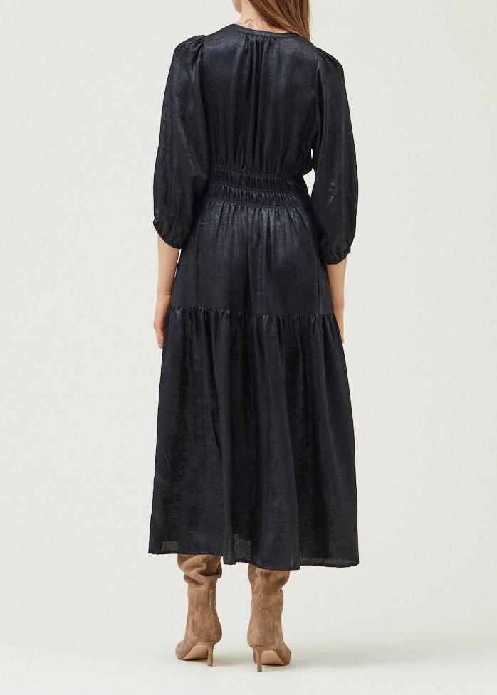 BLACK 3/4TH SLEEVE SATIN TIERED MIDI DRESS