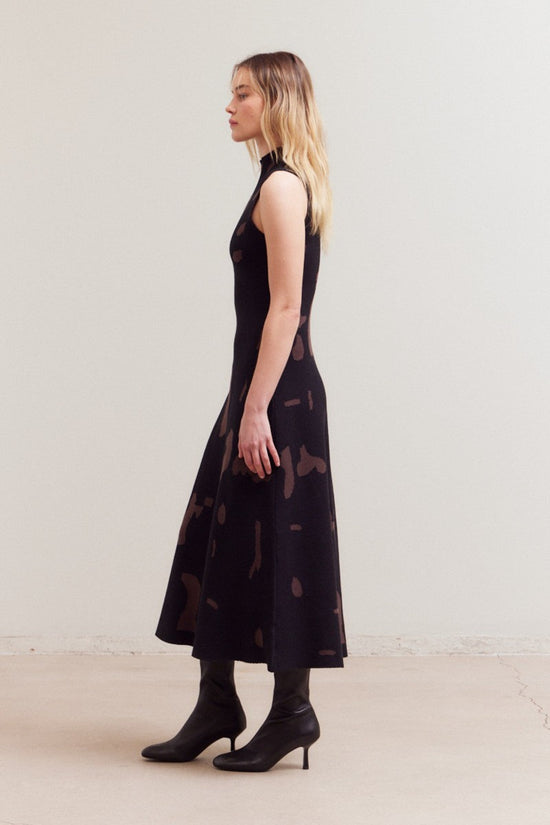 GRADE & GATHER FITTED KNIT HIGH NECK MIDI DRESS – COW PRINT IN BLACK & BROWN