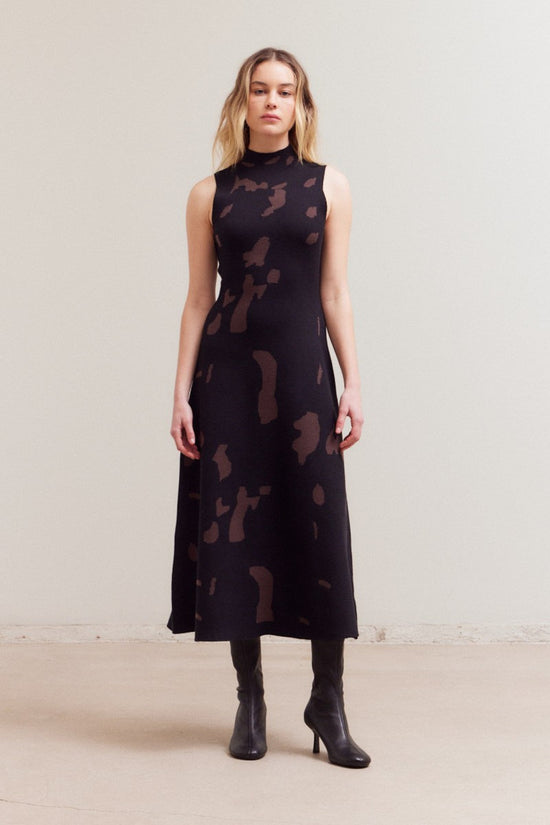 GRADE & GATHER FITTED KNIT HIGH NECK MIDI DRESS – COW PRINT IN BLACK & BROWN