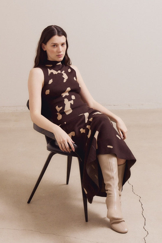GRADE & GATHER FITTED KNIT HIGH NECK MIDI DRESS – COW PRINT IN BLACK & BROWN