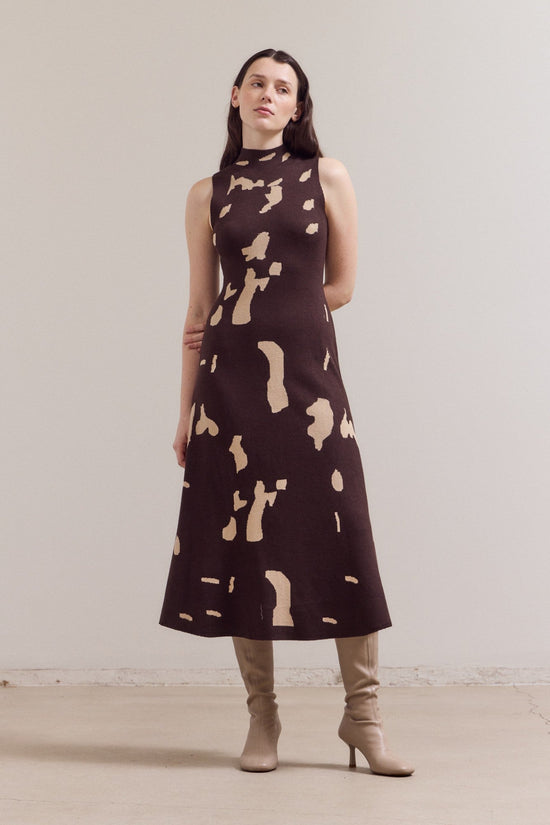 GRADE & GATHER FITTED KNIT HIGH NECK MIDI DRESS – COW PRINT IN BLACK & BROWN