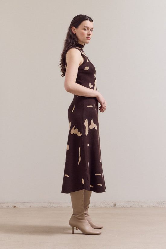 GRADE & GATHER FITTED KNIT HIGH NECK MIDI DRESS – COW PRINT IN BLACK & BROWN