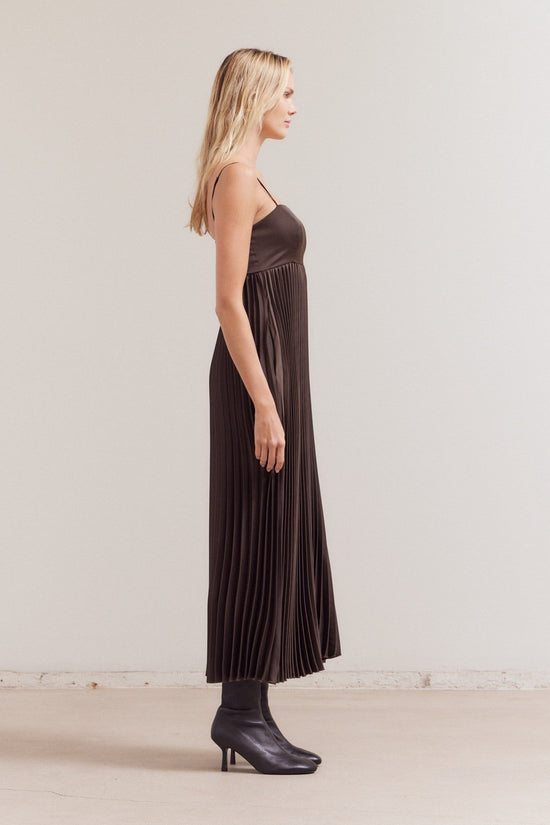 GRADE & GATHER BROWN PLEATED BUSTIER-STYLE MAXI DRESS WITH POCKETS