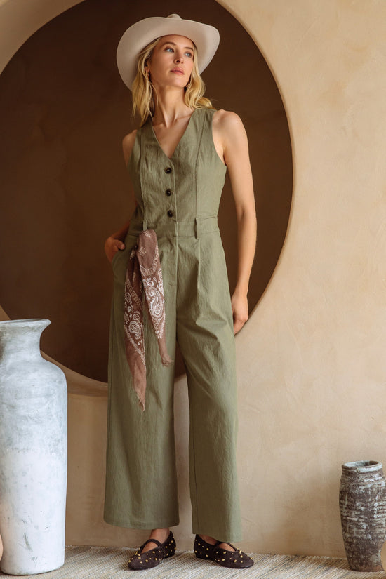 SKIES ARE BLUE BUTTON DOWN JUMPSUIT WITH CUTOUT BACK – AN OLIVE JUMPSUIT WITH A RELAXED FIT AND STYLISH BACK DETAIL