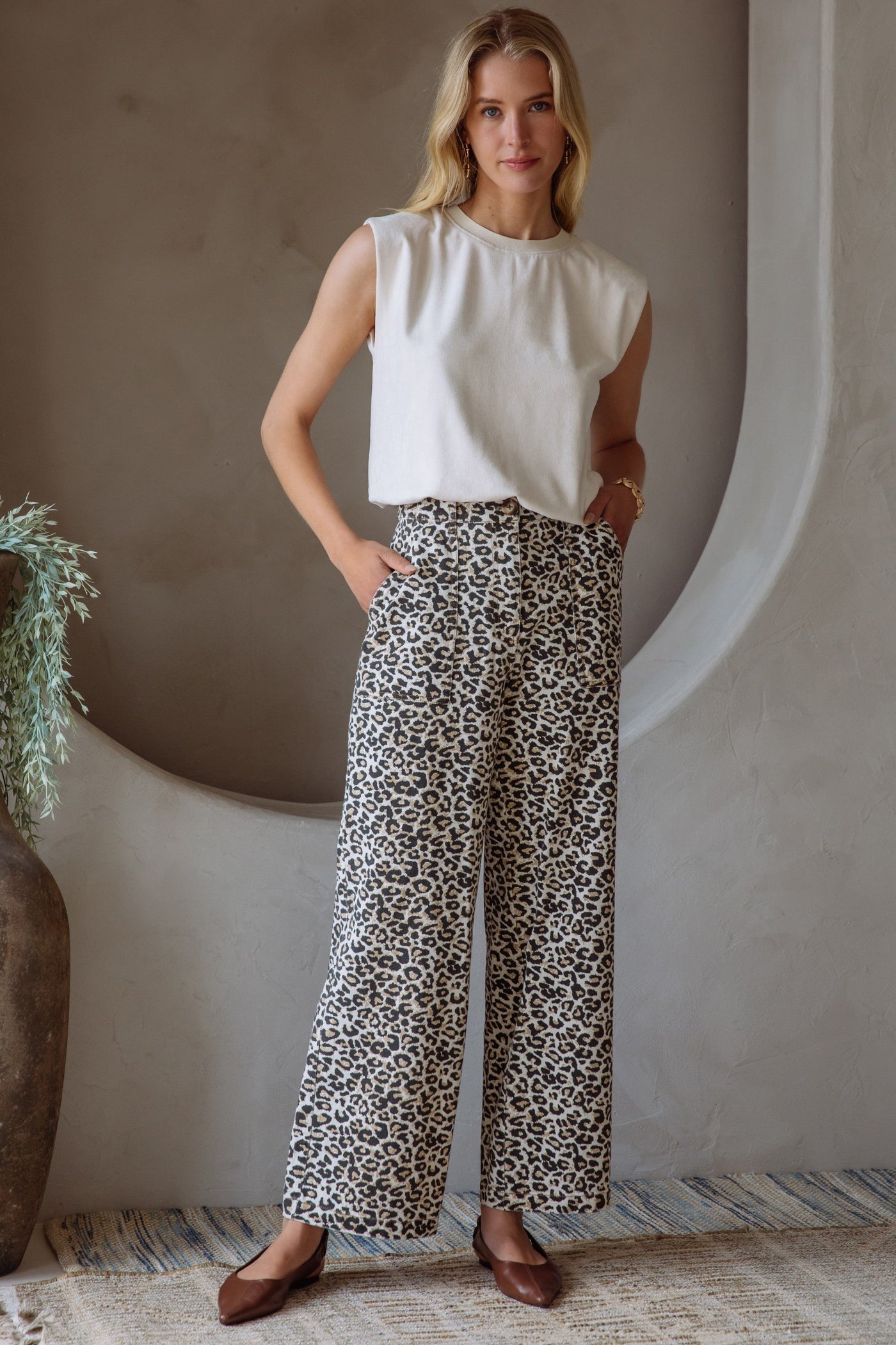 SKIES ARE BLUE WASHED LEOPARD PRINT PANTS – A HIGH-WAISTED STATEMENT PANT WITH A FRONT SEAM AND SUBTLE EDGE