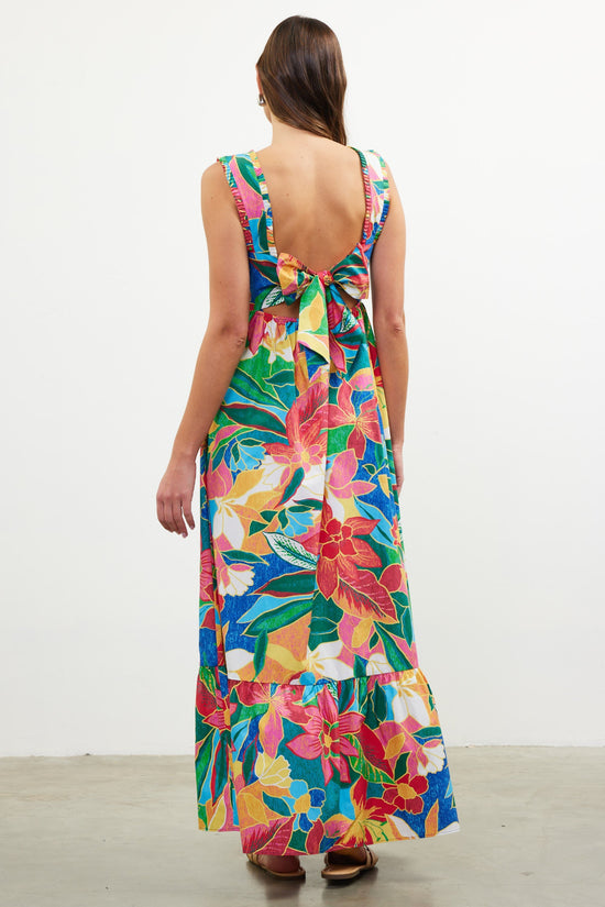 SKIES ARE BLUE THE PRINTED RUFFLE TIERED MAXI DRESS – A TROPICAL MULTICOLORED STATEMENT WITH TIE-BACK DETAIL AND FLOWING LAYERS