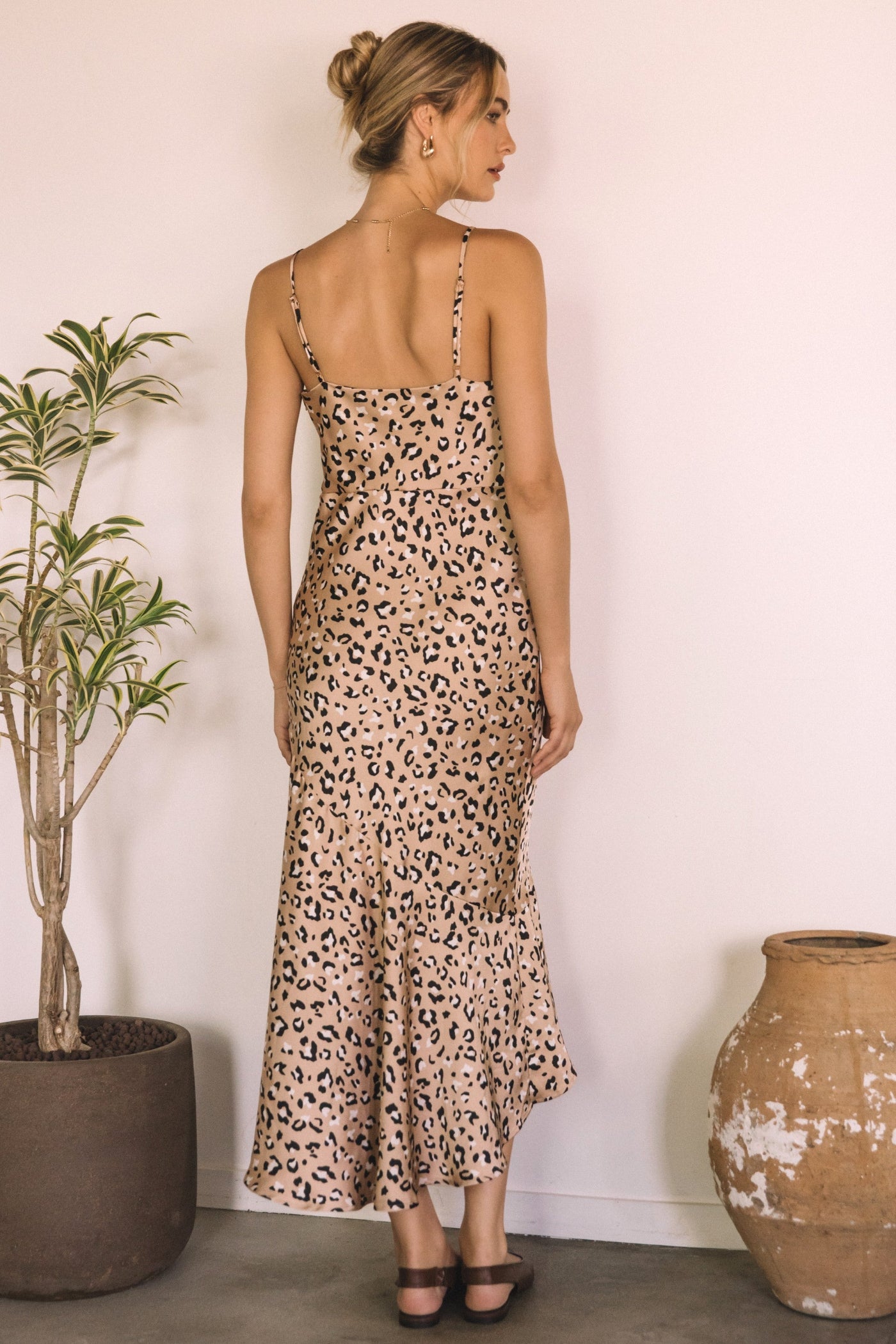 SKIES ARE BLUE SLEEK LEOPARD SATIN MIDI DRESS – A COWL NECK DRESS WITH SPAGHETTI STRAPS AND A SIDE SLIT