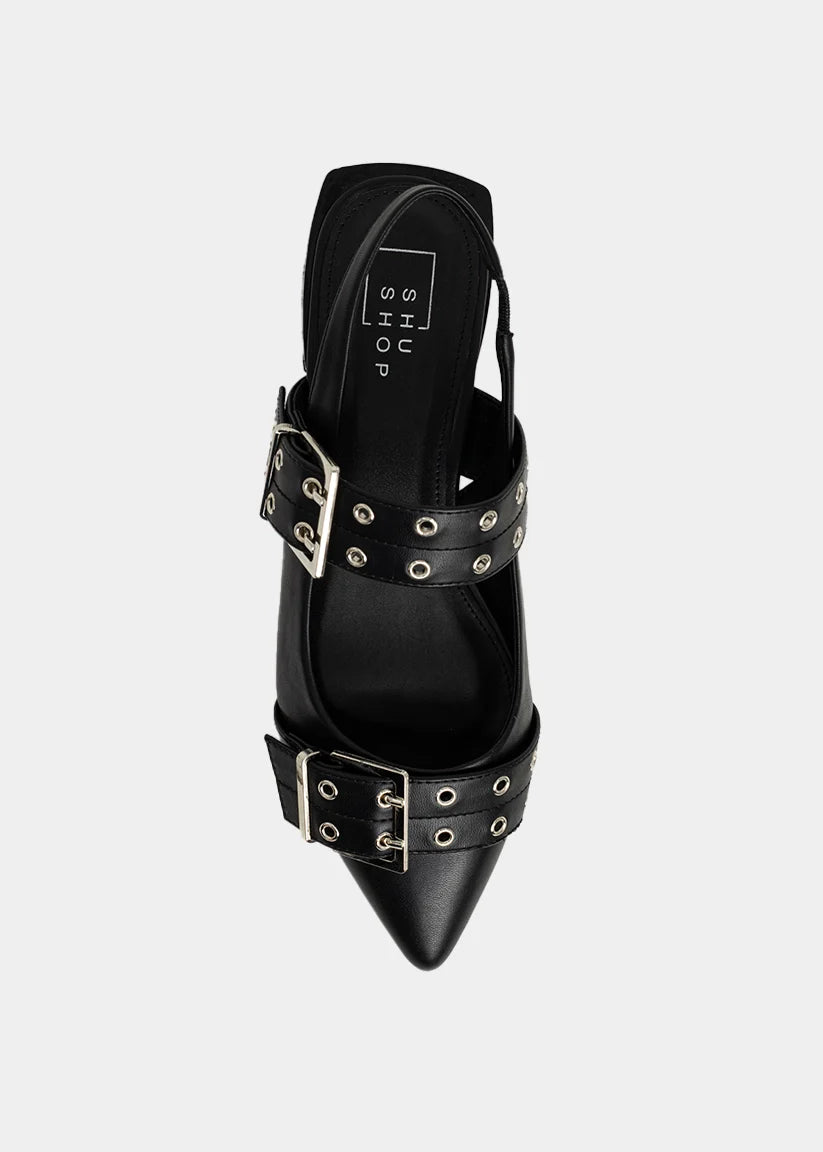 SHU SHOP ANGELA FLATS – BLACK BUCKLE SLINGBACK FLATS