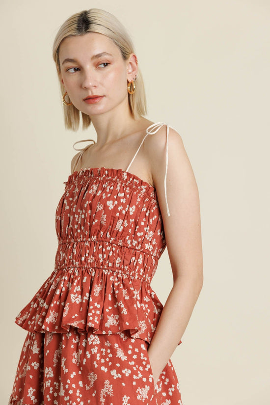 AUREUM FLORAL PRINTED TOP WITH TIES – A COTTON POPLIN BUSTIER-STYLE TOP WITH CONTRAST STRAPS AND A STRETCHY FIT