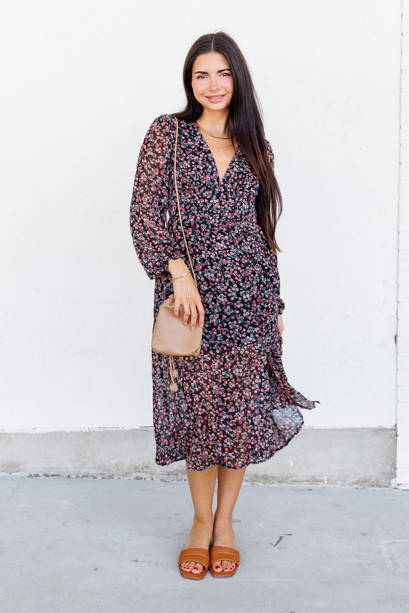 SKIES ARE BLUE FLORAL BLACK  PRINT MIDI DRESS 